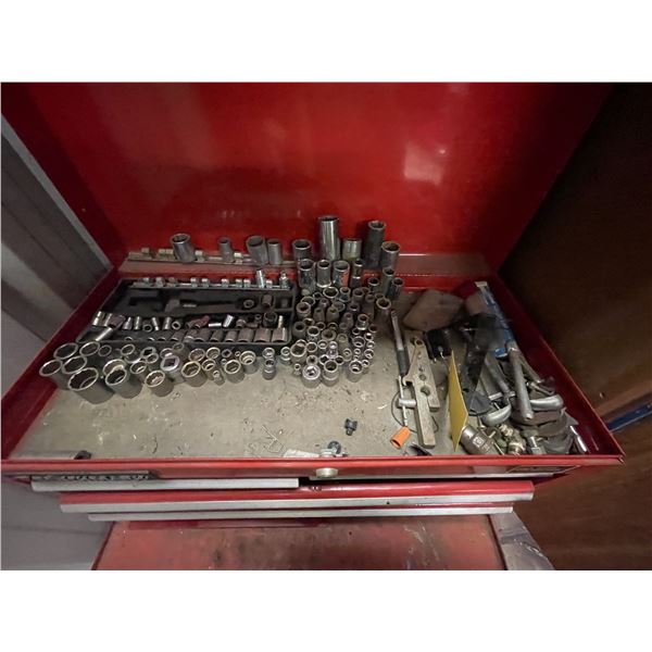 Benchmark tool box c/w sockets, screw drivers, wrenches, staples