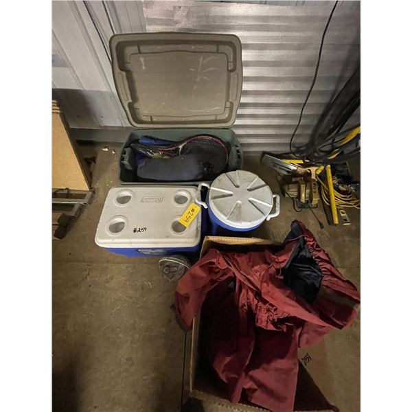 2 Coolers, rain coats, tennis rackets, sleeping bag