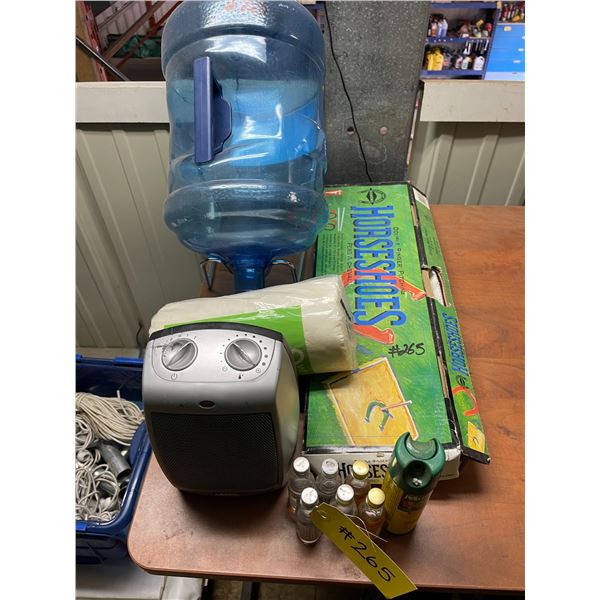 Water jug, heater, horse shoe game, mini bottles