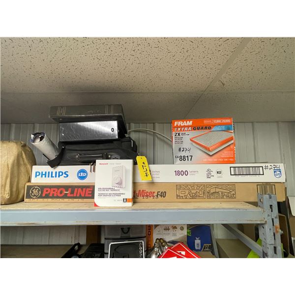 Binders, filter, briefcase, LED light bulbs