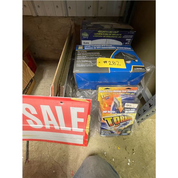 ATV cover, security light, tank rinser, for sale signs, blankets