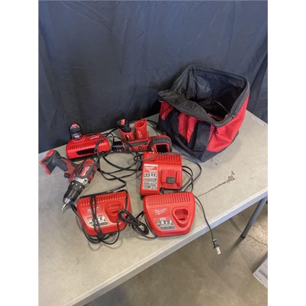 ASSORTED MILWAUKEE M18 AND M12 DRILL, INSPECTION CAMERA, BATTERIES, CHARGERS AND BAG