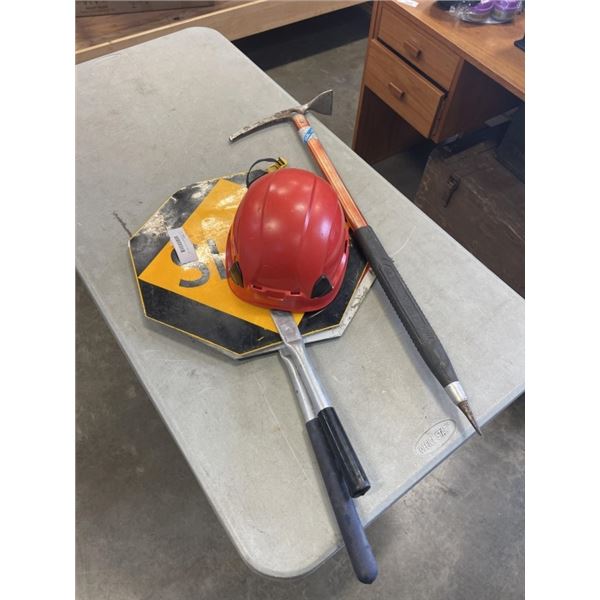 2 STOP SLOW SIGNS WITH CAMP AXE AND HELMET