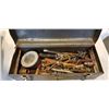 Image 2 : TOOL BOX AND SMALL TOTE WITH HAND TOOLS AND SAWS ETC.
