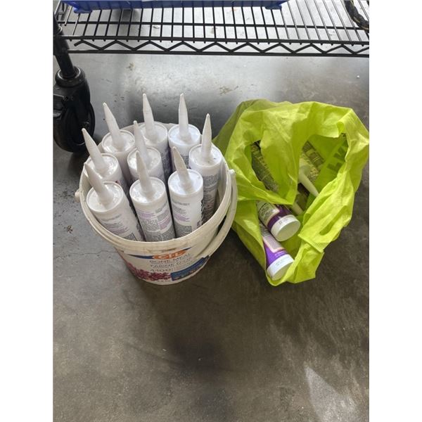BIN OF ROOFING SEALANT, TOOLS, ELECTRICAL AND MORE