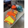 Image 1 : 3 HIGH VIS VESTS AND 2 HARD HATS ONE HAS EAR PROTECTION AND FACE SCREEN