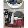 Image 3 : BUCKET WITH 2 SAFETY HARNESSES AND BOX OF ASSORTED SHOP ITEMS