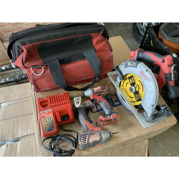 MILWAUKEE 3PC CORDLESS TOOL SET, 2 IMPACT DRILLS, AND CIRCULAR SAW, WITH CHARGER, AND BAG NO BATTERI