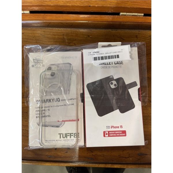 3 IPHONE 15 CASES - WALLET CASE AND 2 TUFF8 CASES, 1 IS MAGSAFE