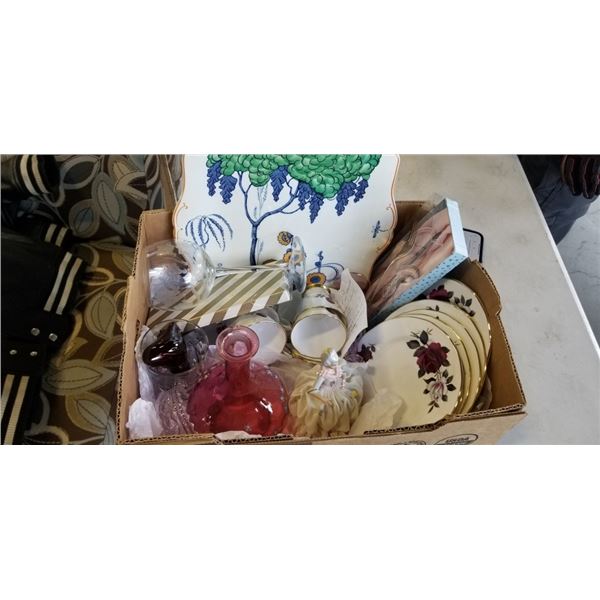 SET OF 4 CUPS AND SAUCERS, VICTORIAN CRANBERRY DECANTER, DRESDEN GIRL, 6 COLCOUGH PLATES AND SET OF 