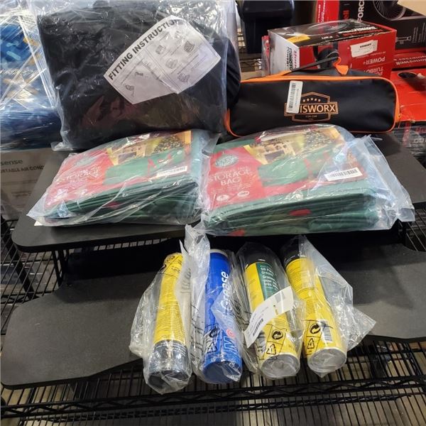 2 NEW XMAS STORAGE BAGS, 4 TUBES OF GREASE, CORDED CAR VACUUM AND CAR SEAT COVERS