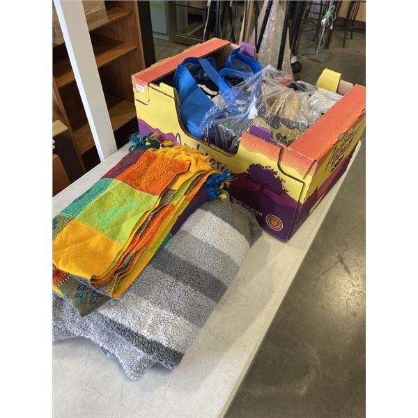 BOX OF BLANKETS, HATS AND MORE