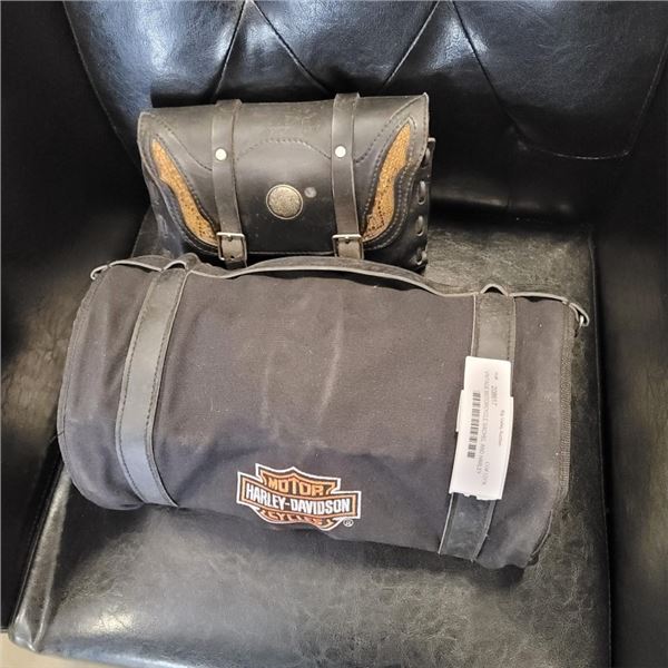 VINTAGE MOTORCYCLE SACHEL AND HARLEY DAVIDSON ROLL UP TOOL BAG