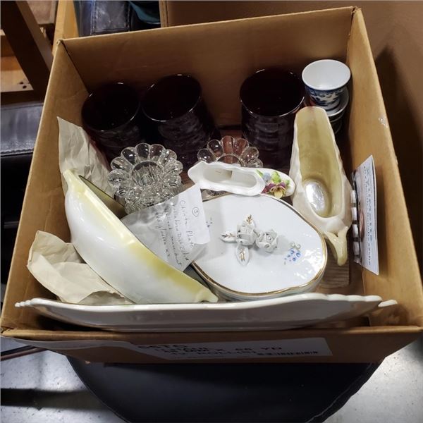 CHINTZ PLATE, HOLLAHOZA DISH AND LID, BELLEEK SAUCEBOAT AND 3 RUBY GLASSES