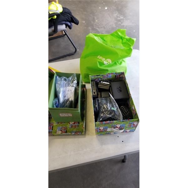 THREE BOXES OF ASSORTED ELECTRONICS, EAR BUDS, CHARGE CORDS ETC.