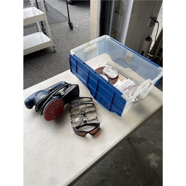 BOX OF SAND PAPER AND SANDER