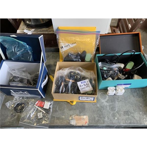 THREE BOXES OF ASSORTED ELECTRONICS, EAR BUDS, CHARGE CORDS ETC.