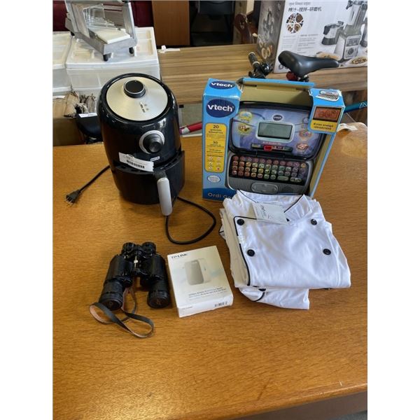 VTECH GAME, CHEFS COATS (SIZE LARGE), BINOCULARS, DASH AIR FRYER (WORKING) WITH TP LINK MINI ROUTER