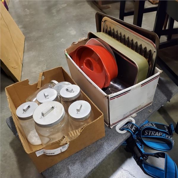 2 BOXES OF CANNISTERS AND COOKWARE