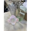 Image 2 : PRESSED GLASS JUG, LARGE GREEN VASE, 2 TIER CAKE PLATE, CARLETON LEAF DISH, PINK CANDLE HOLDER WITH 