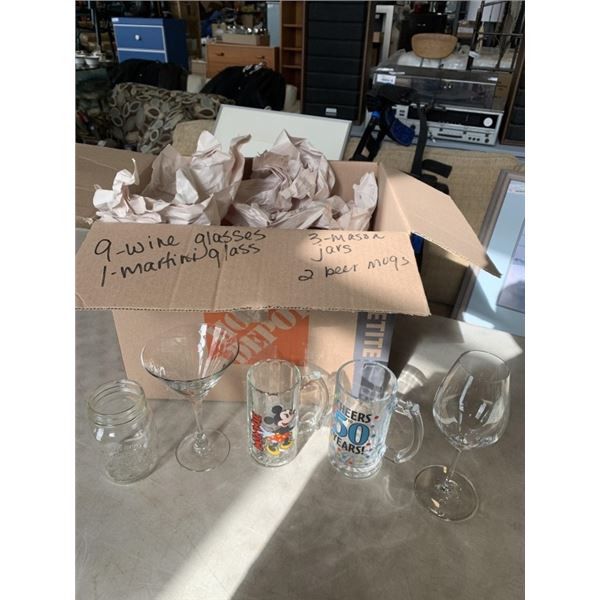 BOX OF WINE GLASSES AND MARTINI GLASSES