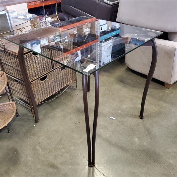 MODERN GLASS TOP DINING SET WITH 4 WROUGHT IRON SWIVEL PADDED CHAIRS