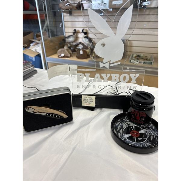 PLAYBOY LIGHT UP SIGN, DEATH ROW RECORDS ASH TRAY AND WINE CORKSCREW