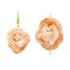 Image 1 : Vintage 14k Yellow Gold Carved Pink Angel Skin Coral Rose Flower Drop Earrings