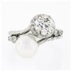 Image 4 : Antique Platinum 1.50 ctw GIA European Diamond Cultured Pearl Textured Bypass Ri
