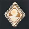 Image 2 : Vintage 14K White Gold Carved Shell Cameo Floral Filigree Lozenge Brooch Pendant