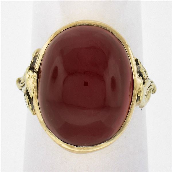Antique Arts & Crafts 14K Gold Cabochon Red Stone w/ Floral Sides Solitaire Ring