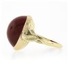 Image 5 : Antique Arts & Crafts 14K Gold Cabochon Red Stone w/ Floral Sides Solitaire Ring