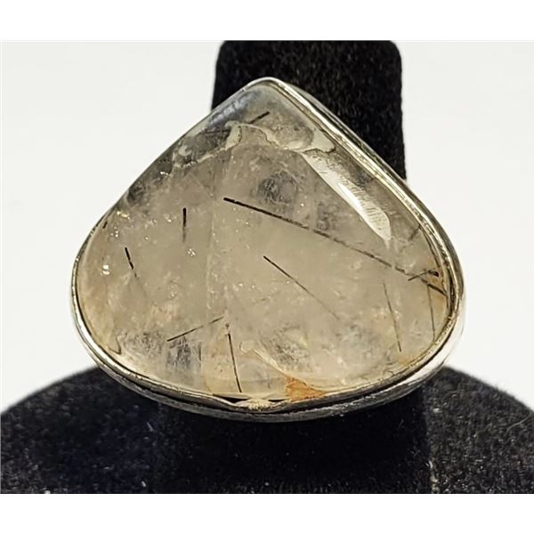 22)  BLACK RUTILATED QUARTZ SIZE 6.75 RING STAMPED