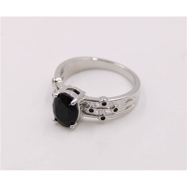 14)  BLACK AND CLEAR COLORED CZ SIZE 8 RING, MADE