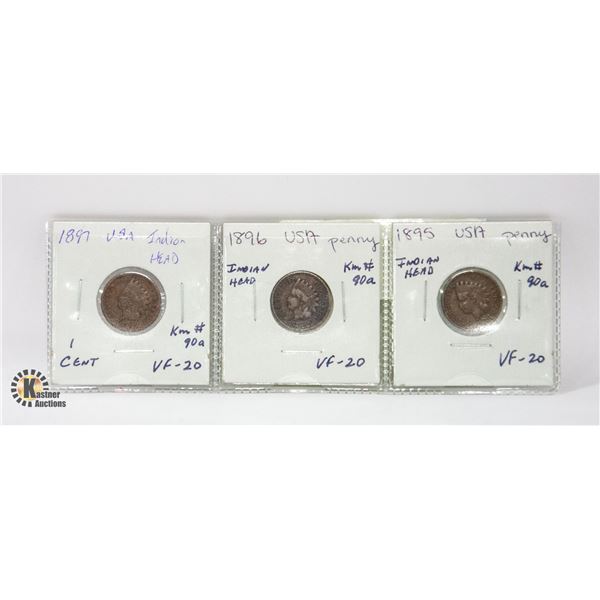3 US (INDIAN HEAD) PENNIES 1897, 1896 & 1895