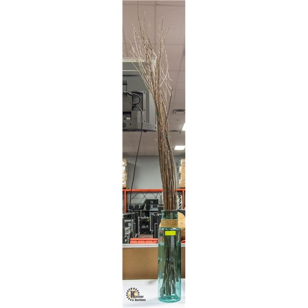 22” TALL GLASS VASE WITH STICK DECOR