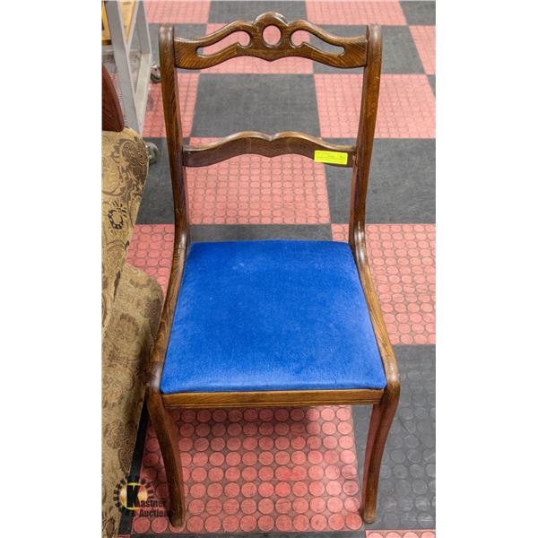 ANTIQUE WOOD CHAIR WITH BLUE VELVET PADDING