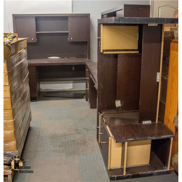 LOT OF BROWN DESKS AND HUTCHS