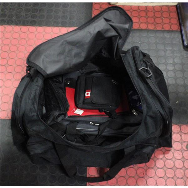 BLACK SUFFLE BAG WITH VARIOUS UNUSED BAGS