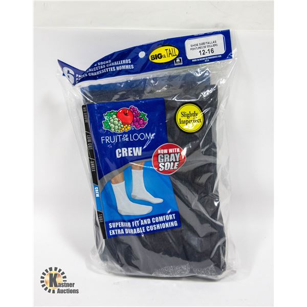 BLACK CREW SOCKS 12-16 SIZE 6-PACK FRUIT OF