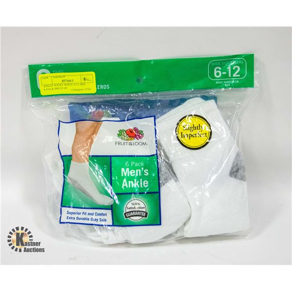 ANKLE SOCKS WHITE 6-12 SIZE 6-PACK FRUIT OF