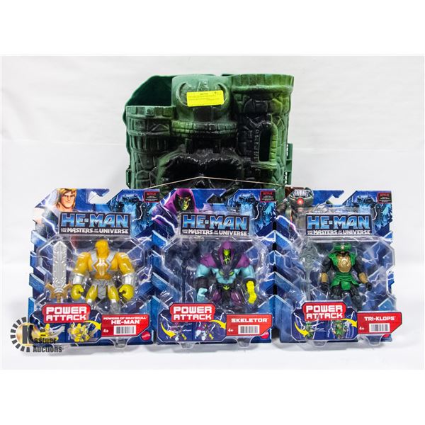 VINTAGE HE MAN GREYSKULL CASTLE & 3 UNOPENED