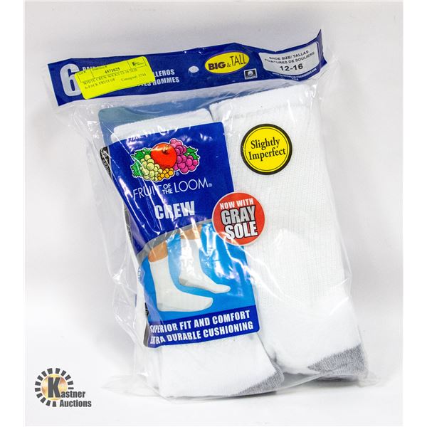 WHITE CREW SOCKS 12-16 SIZE 6-PACK FRUIT OF