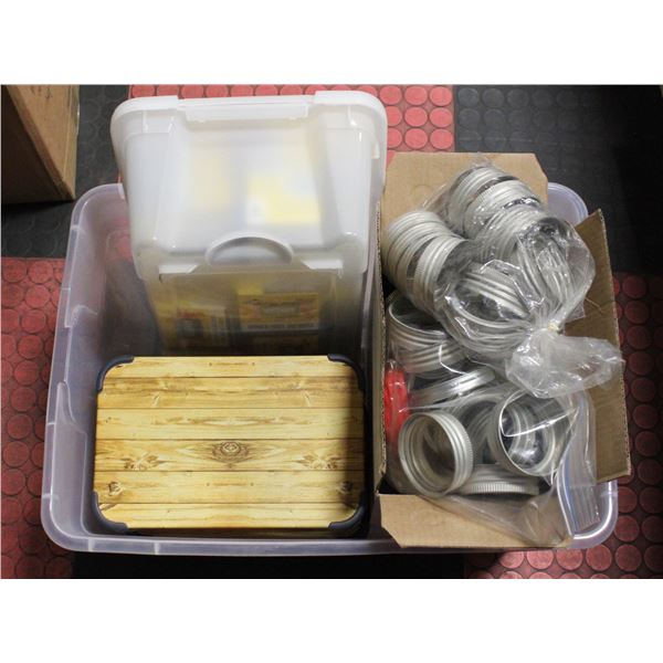 LARGE LOT OF CANNING LIDS, GLASS TOPS, SUPPLIES