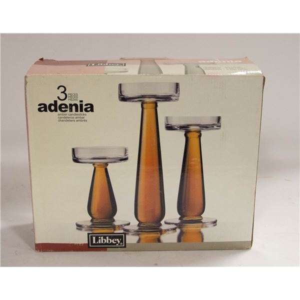 NEW 3-PIECE AMBER CANDLESTICKS
