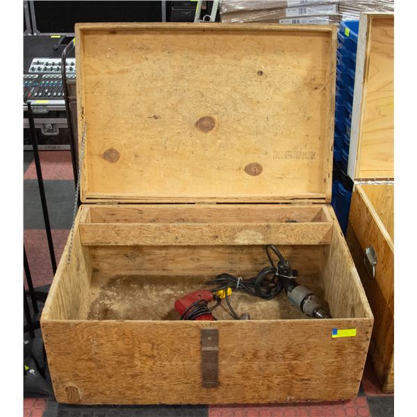 WOODEN TOOL CHEST STYLE BOX WITH 4 DRILLS + MORE
