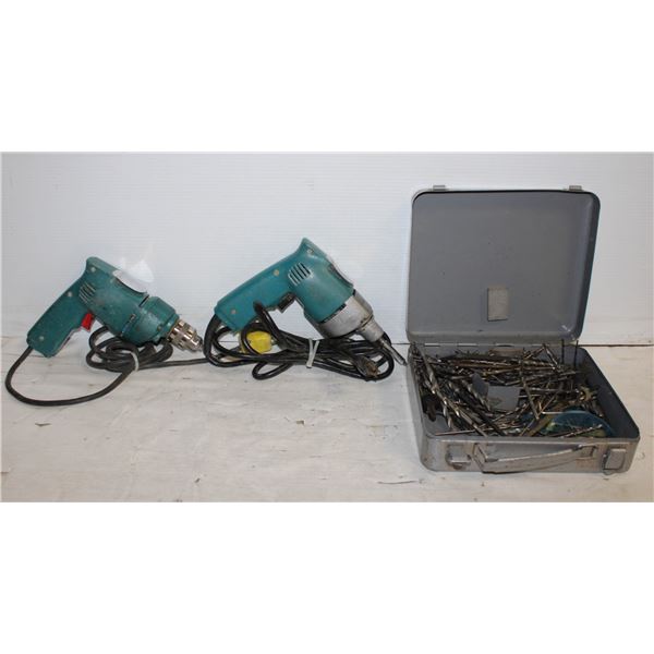 2 CORDED DRILLS WITH A METAL CASE FILLED WITH BITS