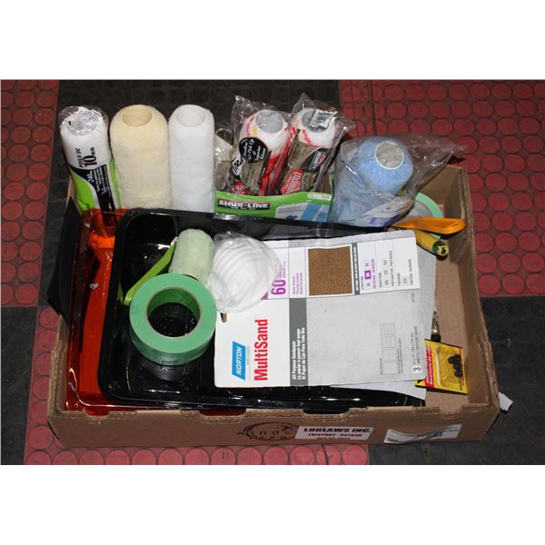 PAINT ROLLERS, TRAYS, FROG TAPE AND