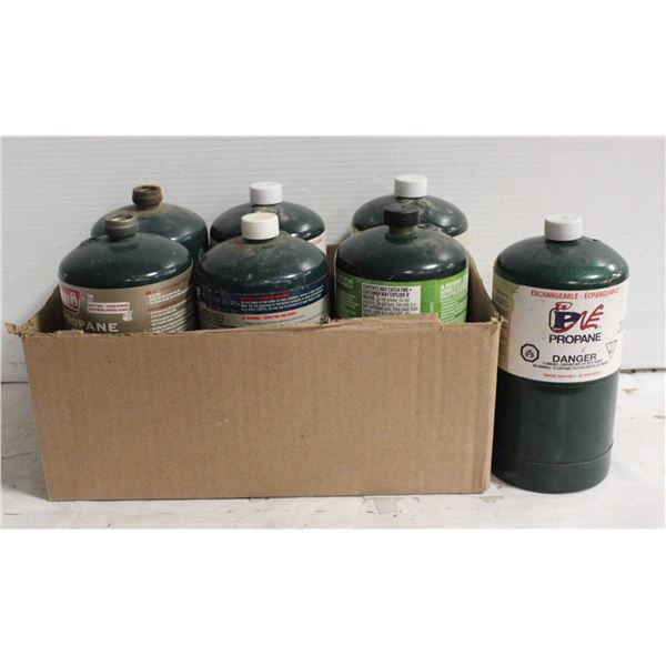 LOT OF 7 MINI GREEN PROPANE TANKS (FULL)