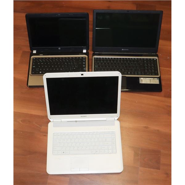 3 LAPTOP COMPUTERS SOLD AS IS NO CHARGERS TO TEST